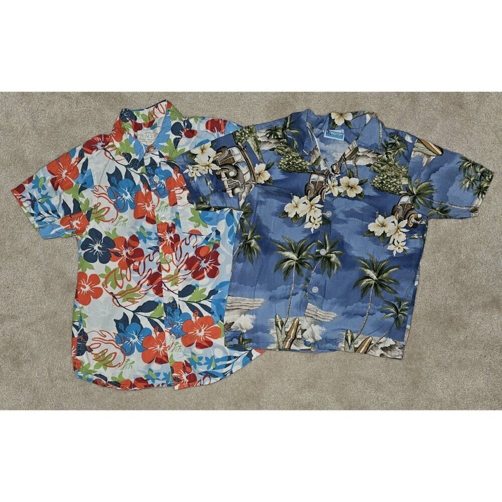 2 Floral Tropical Print Boys Button Front Shirts Size 5/6 7 Vacation Lot READ
